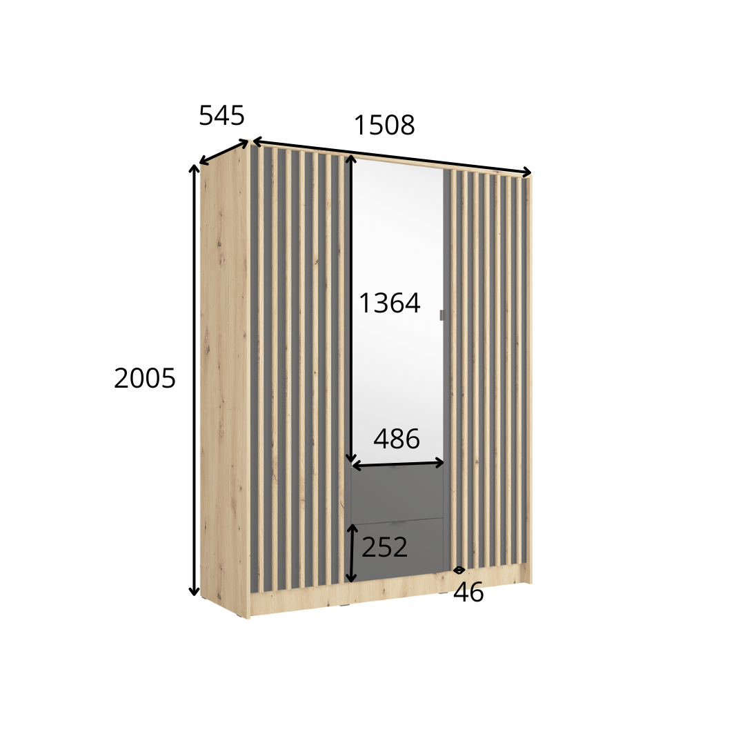 Szafa trzydrzwiowa z lustrem LUNOMA 150 cm Czarny onyx