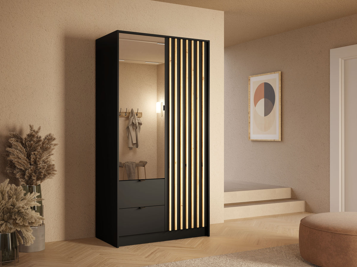 Szafa dwudrzwiowa z lustrem LUNOMA 100 cm Czarny onyx