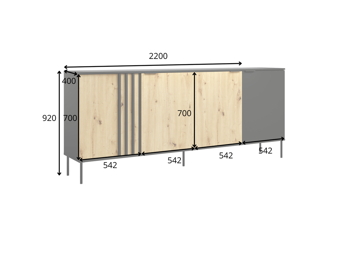 Komoda NESTILA 220 cm Czarny + Dąb artisan