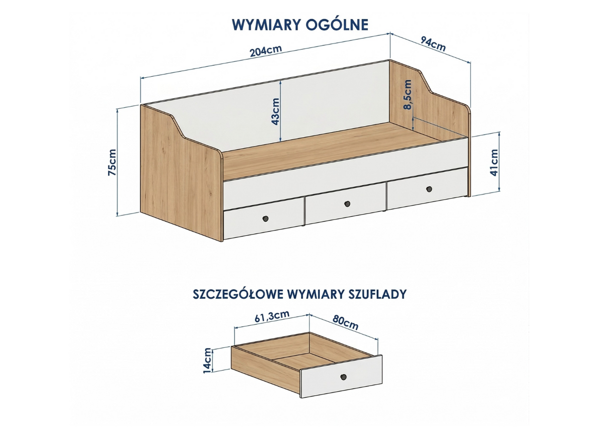 Łóżko MONO 90x200 z 3 szufladami Biały połysk