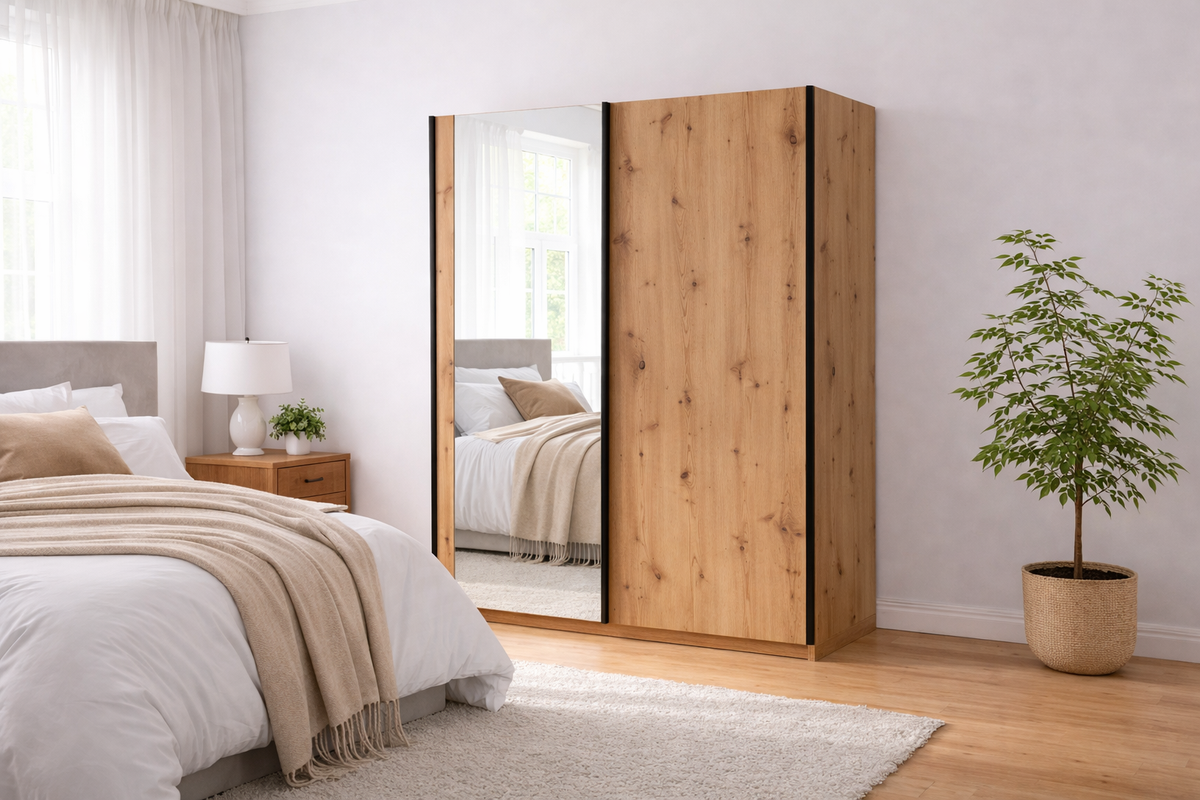 Szafa przesuwna z lustrem KOMAHO 180 cm Dąb artisan